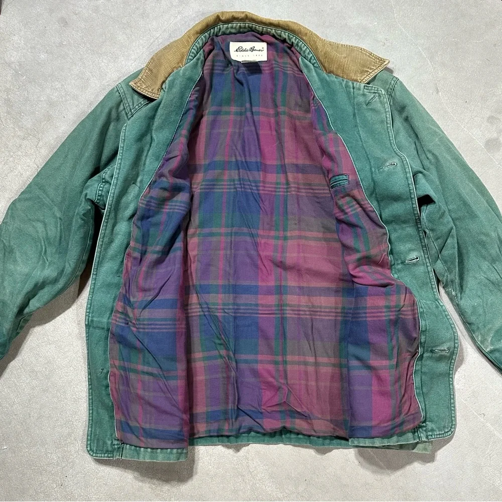 Vintage Distressed Eddie Bauer Faded Green Canvas Barn Chore Jacket Mens Large - Picture 4 of 10